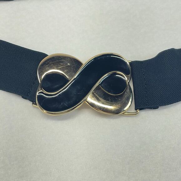 Vintage 80s Black Stretch Belt Gold Large Statement Buckle Wide Waist Retro main image 4